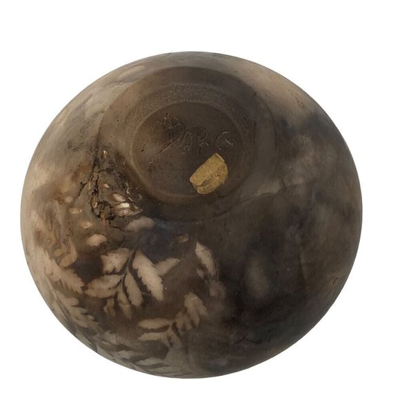 Studio Earthenware Pottery Signed M.Borg Round Vase 4.25" high Brown Leaf Design - Picture 7 of 12